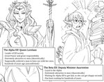 2021 baalbuddy breasts comic deputy_minister_aaurentine duo elf english_text eyewear female glasses hair hi_res holding_object holding_staff humanoid humanoid_pointy_ears humor jewelry long_hair monochrome necklace not_furry open_mouth pointy_ears queen_lorelaan scroll smile staff text