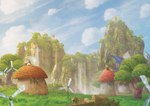 anthro bell building clothing cloud duo fence gloves grass handwear hat headgear headwear house long_ears male mountain plant scenery sitting tree waterfall windmill orioto bandai_namco klonoa_(series) huepow klonoa domestic_cat felid feline felis mammal sphere_creature spirit