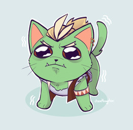ambiguous_gender armband blonde_hair clothed clothed_feral clothing ear_piercing feet feral fur green_body green_fur hair hindpaw paws piercing sharp_teeth solo tail teeth underbite dankfantasy drawfee_(copyright) drawtectives gyorik_rogdul piss_boy_(drawtectives) domestic_cat felid feline felis mammal hi_res