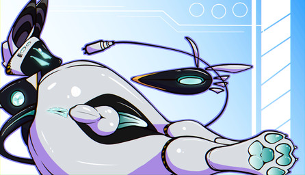 4_eyes anthro anus balls big_butt butt caution_stripes finger_gun floating_fingers floating_hands genitals gesture glistening glistening_body glowing glowing_eyes gradient_background gradient_penis hand_gesture lying male multi_eye nude on_side paws penis rear_view simple_background solo visor justasleepysnep a.z.z.i robot_anthro absurd_res hi_res wallpaper