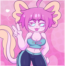 5_fingers abstract_background anthro axolotl_tail bangs blep blue_clothing blue_shirt blue_tank_top blue_topwear bottomwear breasts cartoon_freckles cleavage clothed clothing cowlick eyebrow_through_hair eyebrows eyelashes female fin fingers freckled_arms freckled_breasts freckled_face freckles frilly frilly_clothing frilly_topwear gesture glistening glistening_body glistening_hair hair half-closed_eyes hand_gesture hand_on_hip head_fin heart_symbol long_tail looking_aside medium_breasts midriff narrowed_eyes navel non-mammal_breasts non-mammal_navel pants pink_background pink_body purple_bottomwear purple_clothing shirt short_hair simple_background smile solo standing sweatpants tail tank_top tongue tongue_out topwear translucent translucent_hair v_sign blackmore vitzy_(vitzypie) amphibian aquatic axolotl mole_salamander salamander 2026 absurd_res digital_media_(artwork) hi_res portrait three-quarter_portrait