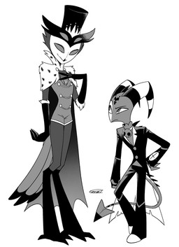 anthro beak clothing duo hat headgear headwear horn male simple_background spade_tail tail top_hat white_background enaic31 hellaverse helluva_boss blitzo_(helluva_boss) stolas_(helluva_boss) avian bird demon imp owl owl_demon absurd_res hi_res monochrome