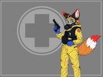 anthro bulletproof_vest clothing gas_mask gloves gun handwear hazmat_suit kinmedicfox male mask medical military military_uniform ranged_weapon uniform weapon zariel_darkangel canid canine fox mammal 4:3 hi_res