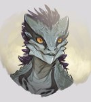 frill_(anatomy) grey_body male pupils scales slit_pupils smile solo white_body yellow_eyes maxspite dungeons_and_dragons hasbro wizards_of_the_coast yu'hiss humanoid lizard lizardfolk_(dnd) lizardman reptile scalie 2020 bust_portrait digital_media_(artwork) hi_res portrait