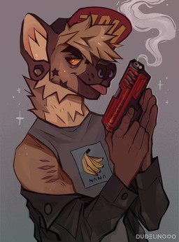 anthro arm_scar banana black_clothing black_jacket black_topwear blep brown_background brown_body brown_fur brown_hands brown_nose clothed clothing countershading ear_piercing facial_markings facial_piercing featureless_hands food fruit fur gauged_ear grey_clothing grey_shirt grey_topwear gun half-closed_eyes head_markings holding_object holding_weapon humanoid_hands inner_ear_fluff jacket male markings narrowed_eyes neck_tuft nose_piercing orange_sclera piercing pink_inner_ear plant ranged_weapon red_eyes scar shirt simple_background smile smoke solo star_(marking) tan_body tan_countershading tan_fur tan_inner_ear_fluff text three-quarter_view tongue tongue_out topwear trigger_discipline tuft weapon nudelinooo chruscik_(dudelinooo) hyena mammal spotted_hyena 2021 artist_name digital_drawing_(artwork) digital_media_(artwork) half-length_portrait hi_res portrait warm_colors trans_(lore) trans_man_(lore)