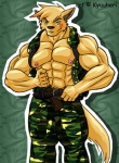 abs anthro army belt biceps bottomwear brown_eyes camo camo_print clothed clothing fur khakis knife male military muscular muscular_anthro muscular_male nipples open_clothing open_shirt open_topwear pants pecs scar shirt solo tail topwear vest weapon kyuuhari blet canid canine canis mammal wolf