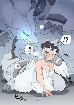 ambiguous_gender blue_eyes claw_growth claws duo ellipsis feral finger_claws fur fur_growth glowing glowing_eyes growth heart_symbol heterochromia human_to_feral interrobang kneeling looming_over male mid_transformation question_mark sharp_teeth simple_background size_difference snout snout_growth sound_effects species_transformation speech_bubble teeth transformation yakumomidori1 mythology nintendo pokemon dragon generation_5_pokemon human legendary_pokemon mammal mythological_creature mythological_scalie pokemon_(species) reshiram scalie hi_res