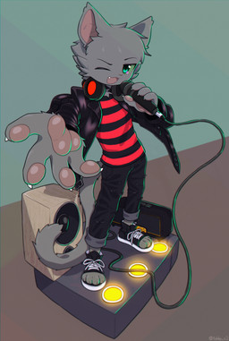 4_fingers 4_toes anthro biped black_bottomwear black_clothing black_eyebrows black_footwear black_jacket black_pants black_shirt black_shoes black_topwear bottomwear claws clothed clothing cute_fangs electronics eyebrows fangs feet finger_claws fingerpads fingers footwear fully_clothed fur green_eyes green_sclera grey_body grey_fur holding_microphone holding_object jacket kemono looking_at_viewer male microphone one_eye_closed open_clothing open_jacket open_mouth open_smile open_topwear pants pattern_clothing pattern_shirt pattern_topwear pawpads pink_pawpads plantigrade reaching_towards_viewer red_clothing red_shirt red_topwear shirt shoes smile solo speaker standing striped_clothing striped_shirt striped_topwear stripes tail teeth toeless_footwear toeless_shoes toes topwear white_claws young young_anthro young_male tabby_x2 hare_(rak17171771) domestic_cat felid feline felis mammal russian_blue absurd_res full-length_portrait hi_res portrait