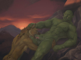 abs anthro anthro_penetrated areola balls biceps bodily_fluids butt duo erection fellatio fur genitals green_body green_skin hand_on_head humanoid_genitalia humanoid_on_anthro humanoid_penetrating humanoid_penetrating_anthro humanoid_pointy_ears lying male male/male male_penetrated male_penetrating muscular muscular_anthro muscular_humanoid muscular_male navel nipple_piercing nipples nude on_back oral oral_penetration outdoor_nudity outside outside_sex pecs penetration penile penile_penetration penis piercing pointy_ears saliva saliva_on_penis sex teeth tongue tongue_out tusks orcfun gnoll humanoid hyena mammal orc spotted_hyena 4:3 digital_media_(artwork)
