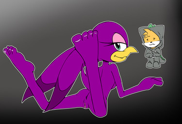 anthro anus beak biped black_nose boots breasts butt clothed clothed_male clothing costume countershade_face countershading dinosaur_costume duo feathers female fingers_together footwear genitals green_eyes halloween_costume head_tuft holidays leotard looking_at_another looking_at_viewer looking_back looking_back_at_viewer lying male medium_breasts mouth_closed non-mammal_breasts nude nude_female on_front plantigrade purple_body raised_leg shoes simple_background tail tail_feathers tuft vulva weapon white_body white_countershading yellow_beak yellow_body jumpjump halloween sega sonic_riders sonic_the_hedgehog_(series) miles_prower wave_the_swallow avian bird canid canine fox hirundinid mammal oscine passerine swallow_(bird) 2025 hi_res