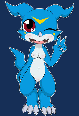anthro big_head blue_body blue_skin blush breasts chibi female genitals gesture hand_gesture horn looking_at_viewer markings multicolored_body navel nipples nude one_eye_closed open_mouth red_eyes smile smiling_at_viewer solo standing teeth tongue v_sign vulva white_body white_skin wink winking_at_viewer dreameclipsewolf bandai_namco digimon digimon_(species) veemon alpha_channel digital_media_(artwork) hi_res shaded