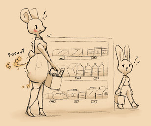 anthro breasts clothing duo exclamation_point eyelashes fart fart_cloud female footwear grocery_store high_heels interrobang shoes side_view simple_background standing tan_background walking jubb lagomorph leporid mammal marsupial rabbit 2020 digital_media_(artwork) signature