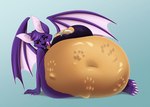 anthro belly big_belly big_breasts breasts female footprint fur navel open_mouth pawpads pawprint paws purple_body purple_fur solo teeth tongue vore wings msv bat mammal