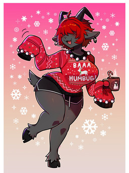 2_horns anthro big_breasts black_horn blush blush_lines bottomwear breasts christmas_clothing christmas_sweater christmas_topwear clothed clothed_female clothing cloven_hooves container cup curvy_figure ear_piercing ear_ring female fully_clothed fully_clothed_female fur grey_body grey_fur hair hair_over_eyes holding_container holding_cup holding_mug holding_object holidays hooves horn hotpants long_sleeves mug oversized_sleeves piercing red_hair ring_piercing shorts smile snowflake solo sweater topwear wide_hips blushily christmas bovid caprine goat mammal hi_res