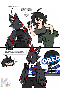 2_panel_comic anthro arm_feathers armor black_clothing black_topwear black_vest body_armor breasts cleavage clothed clothing cookie coveralls dialogue duo feathers female female_human food green_eyes grey_body grey_feathers jumpsuit male male_anthro mechanic_outfit red_body red_scales scales scuted_hands scutes shirt tank_top text topwear vest winged_arms wings kangwolf oreo_cookie alien avali human mammal comic english_text hi_res