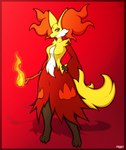 anthro breasts female hand_on_hip inner_ear_fluff looking_at_viewer medium_breasts simple_background smile solo standing tuft mahoxy nintendo pokemon delphox generation_6_pokemon pokemon_(species) absurd_res hi_res