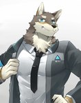 anthro blue_eyes brown_body brown_fur clothing cosplay countershading fur kemono machine male muscular muscular_male simple_background solo kenjilokung detroit:_become_human vtuber ogami_aratsuka android canid canine canis mammal robot wolf 2021 digital_media_(artwork) hi_res