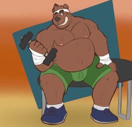 anthro belly black_nose bodily_fluids bottomwear brown_body clothing dumbbell exercise humanoid_hands male moobs nipples one_eye_closed overweight overweight_male shorts sitting solo sweat weightlifting weights wink workout dippubear bear mammal 2019 hi_res