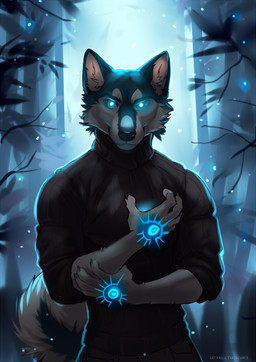 anthro biped bottomwear claws clothed clothing fingers forest front_view fully_clothed fur looking_at_viewer male male_anthro outside pants plant shirt smile solo standing tail topwear tree koul canid canine canis domestic_dog husky mammal nordic_sled_dog spitz 2026 digital_media_(artwork) hi_res