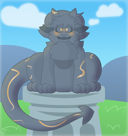 anthro inanimate_transformation mid_transformation outside permanent permanent_bondage petrification sculpture sitting solo spade_tail statue statue_transformation statuefication stuck_together tail transformation juicyberta roberta_puddin_(epsipep) gargoyle absurd_res hi_res