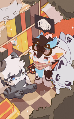 2_horns 4_fingers :3 anthro biped blue_body blue_fur book bookshelf chibi daww dragon_horn eyewear eyewear_on_head fingers fur furniture goggles goggles_on_head grey_body grey_fur group horn kerchief male multicolored_body multicolored_fur neckerchief neckwear open_mouth pawpads paws sparkles speech_bubble standing star_eyes trio white_body white_fur udonzz changed_(video_game) mythology fructose_(fructose_c) lin_(changed) puro_(changed) the_shark_(changed) canid canine canis dragon fish furred_dragon furred_scalie mammal marine mythological_creature mythological_scalie scalie shark wolf 2025 5:8 digital_drawing_(artwork) digital_media_(artwork) film_grain hi_res shaded