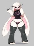 anthro big_breasts black_eyes breasts clothed clothing female floppy_ears long_nails looking_at_viewer looking_back looking_back_at_viewer lop_ears simple_background solo standing text white_body sweetiesoul carotte_(sweetiesoul) lagomorph leporid mammal rabbit 3:4 hi_res