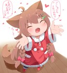 animal_humanoid blush braided_hair brown_hair canid canid_humanoid canine canine_humanoid child clothing dress eyes_closed fangs female fox_humanoid hair happy hi_res humanoid japanese_text makuran mammal mammal_humanoid momiji_(makuran) open_mouth solo teeth text translated young