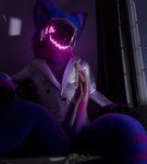 animal_genitalia animal_penis anthro blue_body blue_fur bodily_fluids clothed clothing cum cum_drip cum_dripping_from_penis cum_on_own_penis cum_on_penis cum_on_self cum_on_sofa dark_room dripping ejaculation erection fur fur_markings furniture genital_fluids genitals light living_room machine male markings moonlight night nude on_sofa penis protogen_visor purple_body purple_fur sitting smile sofa solo suit tapering_penis topwear tuft white_clothing white_suit tanza3d blender_cycles tanza_(tanza3d) protogen 3d_(artwork) blender_(artwork) digital_media_(artwork) hi_res