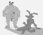 anthro balls duo erection genitals hair hair_over_eyes humanoid_genitalia humanoid_penis larger_male low-angle_view male musclegut muscular penis silhouette size_difference smaller_anthro smaller_male custapple looney_tunes warner_brothers ralph_e._wolf sam_sheepdog canid canine canis coyote domestic_dog mammal hi_res monochrome