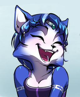 anthro blue_body blue_fur blue_hair breasts circlet clothing eyebrows eyelashes eyes_closed female fur hair open_mouth open_smile smile solo white_body white_fur chilllum nintendo star_fox krystal_(star_fox) canid canine fox mammal 2026 portrait