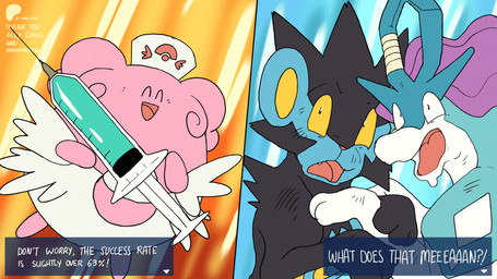 ambiguous_gender duo eyes_closed feral humor medical_instrument medical_syringe open_mouth open_smile pink_body scientific_instrument smile solo syringe text dahecksajerry nintendo pokemon blissey generation_2_pokemon generation_4_pokemon legendary_pokemon luxray pokemon_(species) suicune 16:9 animated english_text multiple_scenes widescreen