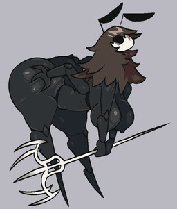 4_arms antennae_(anatomy) anthro big_breasts big_butt biped black_body black_eyes breasts butt female fingers grey_background hand_on_butt holding_melee_weapon holding_object holding_weapon melee_weapon multi_arm multi_limb nipples nude simple_background solo weapon pomegraniter hollow_knight:_silksong hollow_knight_(franchise) team_cherry arthropod thread_raker 2025