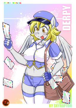 anthro anthrofied big_breasts blonde_hair blush bottomwear breasts clothed clothing derp_eyes envelope feathered_wings feathers female fingerless_gloves fur gloves grey_body grey_feathers grey_fur hair handwear hat headgear headwear legwear navel satchel shorts skimpy solo stockings thigh_highs tongue tongue_out uniform wings yellow_body yellow_eyes yellow_fur skyraptor friendship_is_magic hasbro my_little_pony mythology derpy_hooves_(mlp) equid equine mammal mythological_creature mythological_equine pegasus
