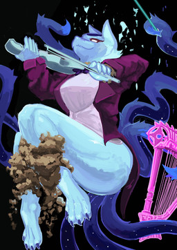 anthro blue_body clothed clothing female floating harp looking_at_viewer multi_tail musical_instrument no_pupils plucked_string_instrument simple_background solo string_instrument tail fugorsa nyabula_(fugorsa) cosmic_being domestic_cat felid feline felis mammal absurd_res digital_media_(artwork) hi_res krita_(artwork)