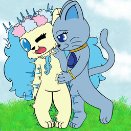 anthro blue_body blue_fur blue_sky bracelet duo female female/female fur grass_field jewelry necklace nude on_one_leg open_mouth simple_background sky smug_face standing standing_on_toes tickling tickling_armpits tickling_belly yellow_body yellow_fur ticklebunny jewelpet sanrio sega sega_fave lapis_(jewelpet) sapphie_(jewelpet) canid canine canis domestic_cat domestic_dog felid feline felis mammal 1:1 hi_res