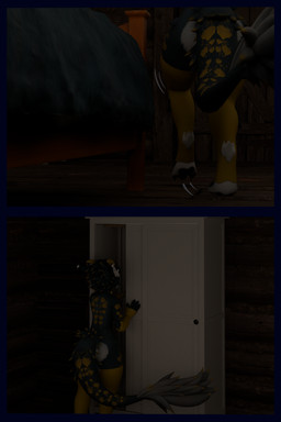 anthro arm_warmers armwear blue_body blue_fur clothing collar dialogue dressing female fur leg_warmers legwear scales walking white_body white_fur yellow_body yellow_scales flauntingfornication kobold scalie 2:3 3d_(artwork) absurd_res comic digital_media_(artwork) hi_res