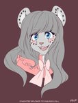 alternative_fashion anthro black_spots blue_eyes blush clothing female fur grey_body grey_fur grey_hair hair j-fashion lolita_(fashion) long_hair open_mouth simple_background solo spots sweet_lolita teeth tongue katibara lily_(sakuradlyall) digital_media_(artwork) hi_res