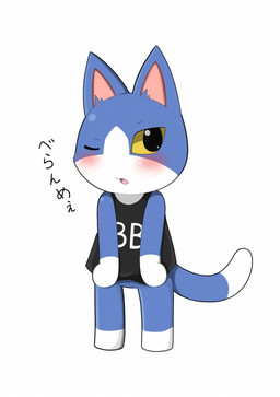 anthro big_head black_clothing black_shirt black_topwear blue_body blue_fur blush blush_lines bottomless chibi clothed clothing countershade_face countershade_feet countershade_fur countershade_hands countershade_tail countershading dipstick_tail eyebrows featureless_crotch featureless_feet featureless_hands feet fur gloves_(marking) leg_markings looking_at_viewer male markings multicolored_body multicolored_fur one_eye_closed open_mouth pink_tongue pointy_ears prick_ears shirt shirt_only simple_background socks_(marking) solo standing tail tail_markings text text_on_clothing text_on_shirt text_on_topwear tongue topwear topwear_only two_tone_body two_tone_fur white_background white_body white_fur yellow_sclera luca_(nyucs) animal_crossing nintendo tom_(animal_crossing) domestic_cat felid feline felis mammal cel_shading digital_media_(artwork) full-length_portrait japanese_text portrait shaded translation_request