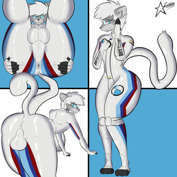 anal_sheath anthro anus anus_outline balls blue_eyes bulge butt clothing eyewear femboy genitals glasses hair latex latex_clothing latex_skinsuit male rectangular_glasses skinsuit solo tight_clothing white_hair cosmosarts bmw felix_ludwig domestic_cat felid feline felis mammal 1:1 absurd_res hi_res