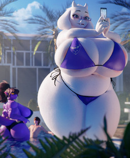 anthro areola big_breasts big_butt bikini biped breasts butt cellphone cleavage clothed clothing delta_rune_(emblem) electronics eyebrows eyelashes eyewear female glasses group hair holding_cellphone holding_object holding_phone huge_breasts looking_back male mature_female outside phone ponytail purple_bikini purple_body purple_clothing purple_swimwear side-tie_bikini solo_focus string_bikini swimwear symbol thick_thighs trio two-piece_swimsuit water wearing_glasses white_body scraggy_(artist) bom39_(modeler) deltarune undertale_(series) kris_dreemurr susie_(deltarune) toriel bovid caprine human mammal scalie 3d_(artwork) digital_media_(artwork) hi_res