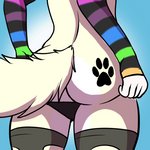 ambiguous_gender anthro arm_warmers armwear blue_background butt butt_jiggle butt_tattoo clothing clothing_pull fluffy fluffy_tail footprint fur jiggling legwear panties panty_pull pawprint simple_background solo tail tail_motion tailwag tattoo torn_clothing torn_legwear underwear underwear_pull white_body white_fur mushyfox syberfoxen canid mammal 1:1 2d_animation animated frame_by_frame loop low_res short_playtime