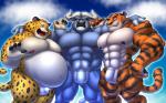 abs anthro arm_around_shoulders balls biceps big_muscles black_body black_fur black_nose blue_body blue_eyes blue_fur brown_eyes buried_penis butt cloud countershading fangs flaccid foreskin fur genitals group horn huge_muscles humanoid_genitalia humanoid_penis looking_at_viewer male markings micropenis multicolored_body multicolored_fur muscular muscular_male navel nipples nude obese obese_male open_mouth orange_body orange_fur outside overweight overweight_male pawpads pecs penis penis_size_difference sky small_penis smile spots spotted_body spotted_fur standing striped_body striped_fur stripes teeth tongue two_tone_body two_tone_fur whiskers white_balls white_body white_fur white_penis yellow_body yellow_fur interval disney zootopia benjamin_clawhauser chief_bogo tiger_dancer_(zootopia) bovid bovine cape_buffalo cheetah felid feline mammal pantherine tiger 16:10 2016 widescreen