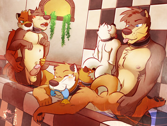 anal balls bath bathhouse bite blep blush collar fangs genitals group group_sex humanoid_genitalia humanoid_penis male male/male nipples oral orgy pawpads penis rimming sex steam teeth tongue tongue_out water whiskers ventkazemaru mammal mustelid otter 4:3
