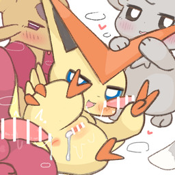 after_oral after_vaginal anus biped bipedal_feral blue_eyes blush bodily_fluids butt censor_bar censored_genitalia censored_penis censored_vulva chibi cum cum_from_vagina cum_in_vagina cum_inside cum_string dipstick_tail disembodied_penis fangs female female_feral feral feral_on_feral feral_penetrated feral_penetrating feral_penetrating_feral from_behind_position fur genital_fluids genitals gesture grey_body grey_fur group group_sex hand_gesture innie_vulva leaking_cum looking_at_viewer lying male male/female male_feral male_penetrating markings monotone_body monotone_fur multicolored_body multicolored_fur narrowed_eyes on_side open_mouth open_smile orange_body penetration penis pink_penis presenting presenting_cum_inside presenting_hindquarters presenting_vulva purple_eyes rear_view red_body sex smile spoon_position tail tail_markings tapering_penis teeth threesome throbbing throbbing_penis trio two_tone_body two_tone_fur v_sign vulva yellow_body purupuwa nintendo pokemon generation_5_pokemon legendary_pokemon mienfoo minccino pokemon_(species) victini 1:1 2026 cel_shading censored digital_drawing_(artwork) digital_media_(artwork) hi_res shaded