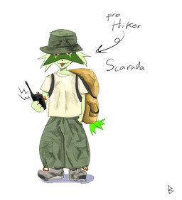 ambiguous_gender anthro biped bucket_hat clothed clothing electronics front_view fully_clothed hat headgear headwear hiking oversized_clothing solo standing walkie-talkie betho nintendo pokemon felid generation_9_pokemon mammal meowscarada pokemon_(species)