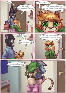age_difference anthro bedroom_eyes clothing dialogue duo female hug looking_at_viewer male male/female narrowed_eyes seductive size_difference smile text undressing undressing_another young liryal savanna_(liryal) cheetah felid feline lagomorph leporid mammal rabbit absurd_res comic english_text hi_res