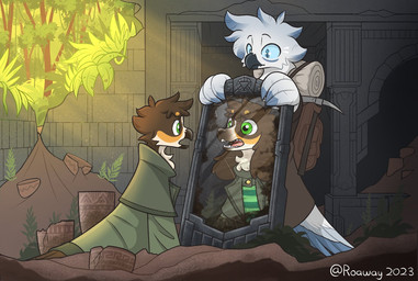altered_reflection ambiguous_gender anthro backpack duo mirror mirror_reflection open_mouth pickaxe plant reflection standing tree roawayart avian bird canid canine canis domestic_dog mammal 2023