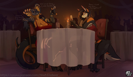2_horns alcohol alcohol_bottle anthro arm_on_chair arm_on_table aroused beverage big_breasts black_body black_fur black_hair black_nose black_scales blush blush_lines breasts candle candlelight chair claws cleavage clothed clothing container crossed_legs cup dialogue digitigrade dinner dinner_table dress drinking_glass duo_focus eyelashes fangs feet female fire from_side fur furgonomics furniture furry-specific_piercing glass glass_container glass_cup group hair hand_on_chair hand_on_face holding_glass holding_object horn jewelry light looking_at_another looking_surprised markings mouth_closed narrowed_eyes nipple_outline non-mammal_breasts on_chair open_mouth orange_body orange_eyes orange_fur orange_hair orange_scales piercing plate plated_scales pupils red_clothing red_dress romantic romantic_ambiance romantic_couple romantic_dinner romantic_night scales seduced seductive short_hair sickle_claw simple_background sitting sitting_on_chair slit_pupils smile smiling_at_another smug smug_expression smug_face smug_grin snake_hood snake_hood_markings snake_hood_piercing speech_bubble spread_legs spreading surprised surprised_face table tablecloth tail tail_tuft teeth text toe_claws toes topwear tuft white_body white_fur wine wine_bottle wine_glass mrwhitebear background_character koi_vixen_(character) obsidian_(za121) canid canine cobra fox mammal reptile scalie snake absurd_res digital_drawing_(artwork) digital_media_(artwork) english_text hi_res url