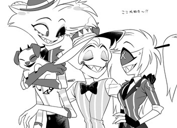 1_eye ambiguous_gender anthro clothed clothing eyes_closed female feral group hat headgear headwear male simple_background text white_background enaic31 hazbin_hotel hellaverse angel_dust cherri_bomb_(hazbin_hotel) fat_nuggets_(hazbin_hotel) lucifer_(hazbin_hotel) angel arachnid arthropod cyclops demon demon_humanoid domestic_pig fallen_angel humanoid mammal spider suid suine sus_(pig) hi_res japanese_text monochrome