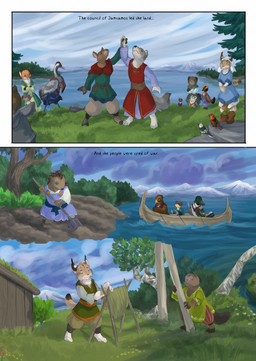 ambiguous_gender anthro biped black_body black_feathers boat clothed clothed_feral clothing cloud cloudy_sky feathers female feral fingers frown fur grey_body grey_fur grey_tail group narration outside plant plowing sky tail text tree vehicle water watercraft bjekkergauken avian beaver bird canid canine canis deer fox mammal owl rodent wolf 2026 colored comic english_text hi_res